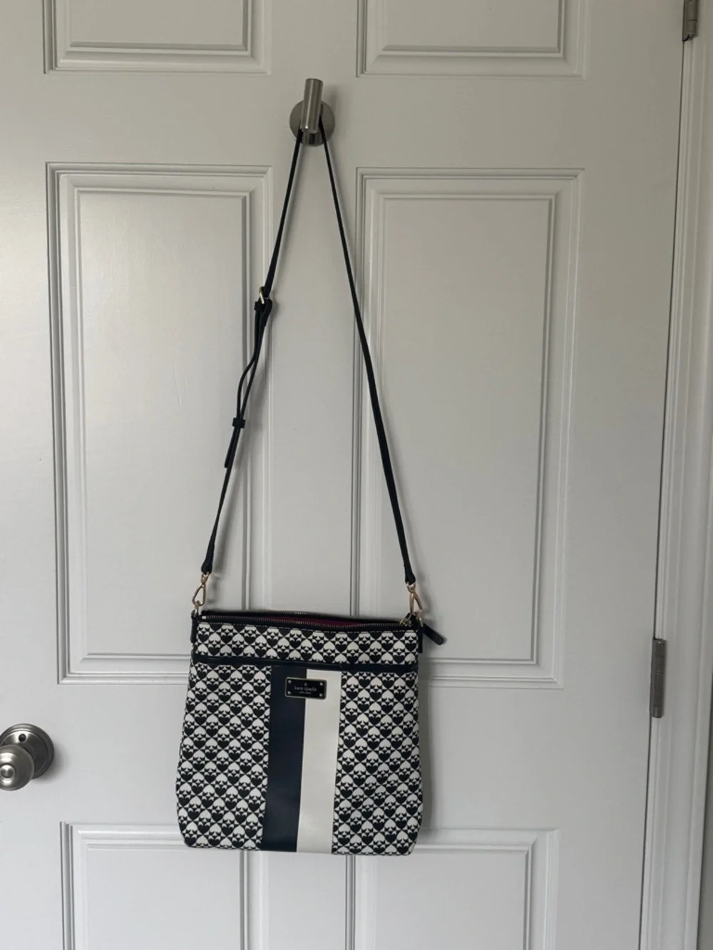 kate spade Black & White Patterned Crossbody with Black Stripe
